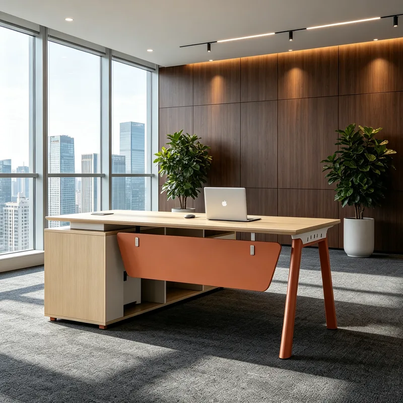 Modern Minimalist Executive Desk, Orange Contrast Stylish Steel Frame Office Desk with Side Cabinet Storage for Manager
