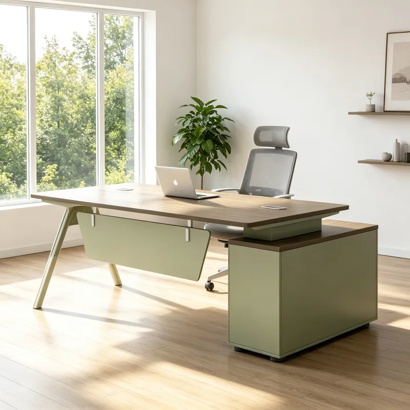Modern Stylish Supervisor Desk|Sturdy Steel Frame + Storage Side Cabinet, Boost Office Efficiency