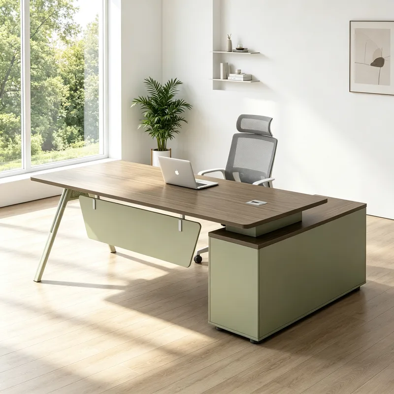 Modern Managerial Executive Desk, Sturdy Steel Frame Office Desk with Side Cabinet