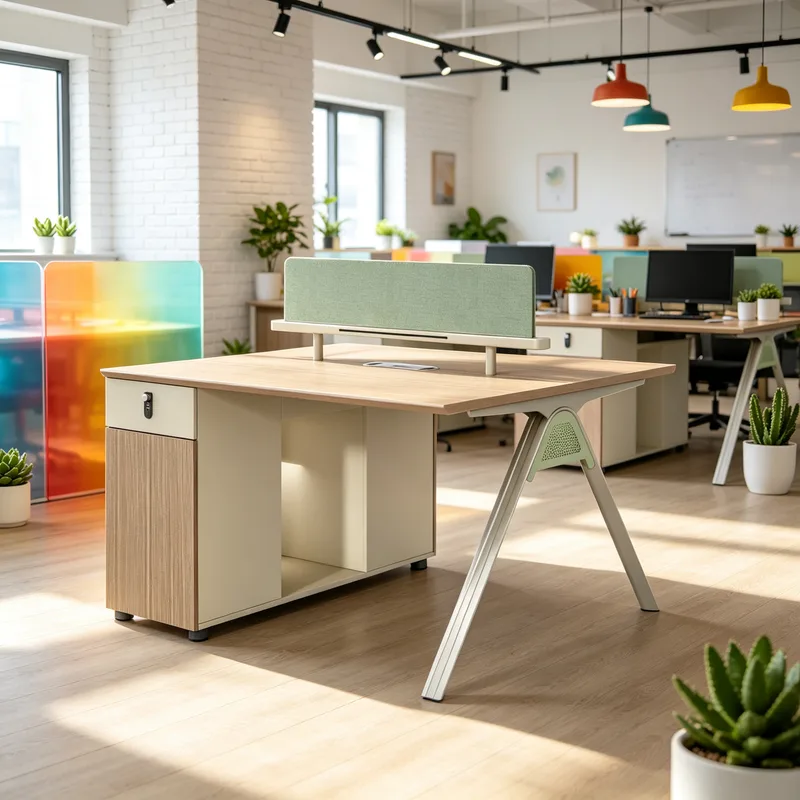 Stylish Minimalist 2‑Person Office Desk, Staff Desk with Partition Screen, Steel‑Frame Workstation Set with Storage Cabinet