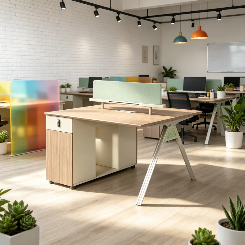 Modern Dual Workstation Desk, Partitioned Cubicle Computer Desk, Office Workstation with Cabinet