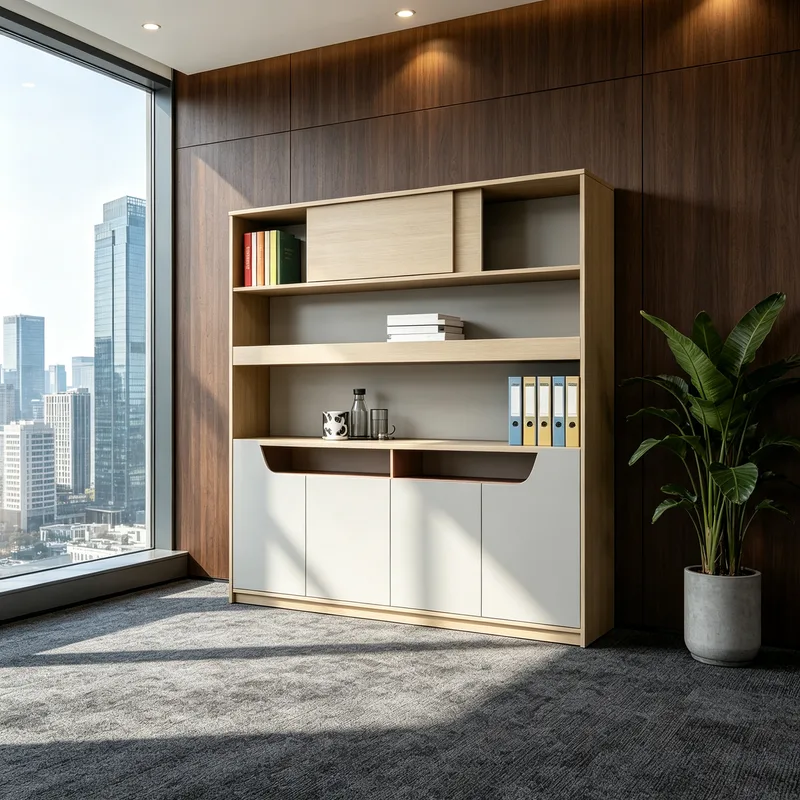 Office Combination File Cabinet, Semi-Open Grid Storage Design, Floor-Standing Archive Document Storage and Display Cabinet