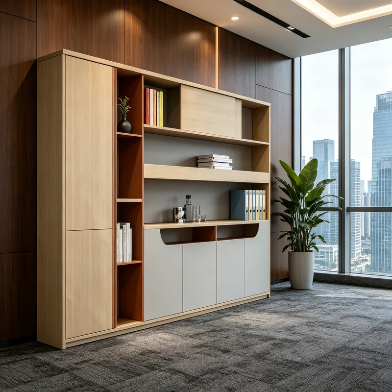 Light Luxury Open Filing Cabinet, Wood Color Combination Bookcase, Office File Archive Storage Cabinet for Enterprise