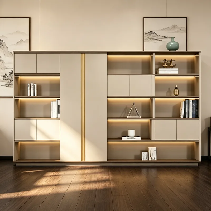 Italian-Style Luxury Lighted Background File Cabinet, Floor Combined Bookshelf, Executive Office Archive Display Cabinet