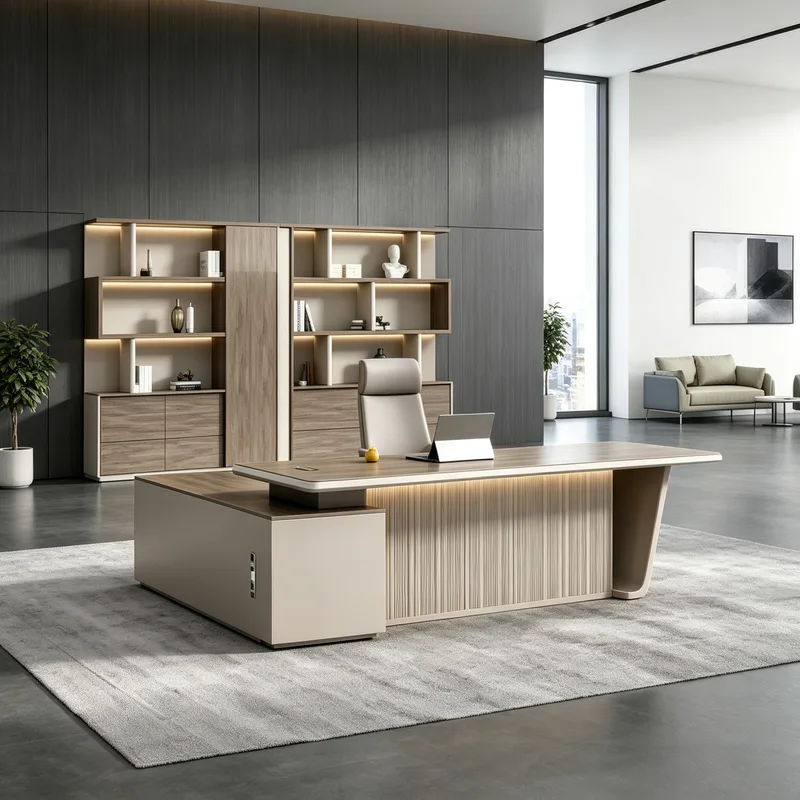 Modern Luxury Executive Desk with Lighted Side Cabinet, High-End General Manager Office Desk