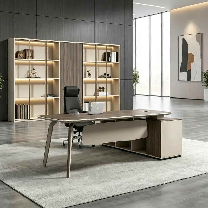 Italian High-End Executive Desk with Side Cabinet, Ambient Lighting Design, Enterprise General Manager Office Desk