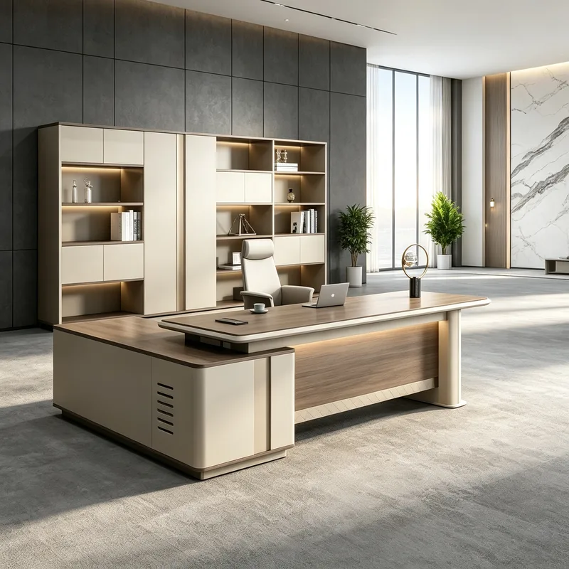 Luxury L-Shaped Executive Desk Set with Double Side Cabinets, Modern High-End Office Desk